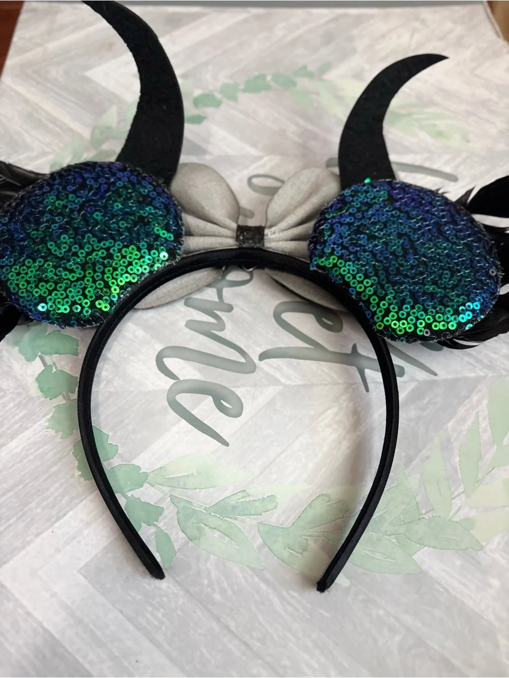 Maleficent Inspired Mouse Ears Headband Black Horns Green Sequins Feathers